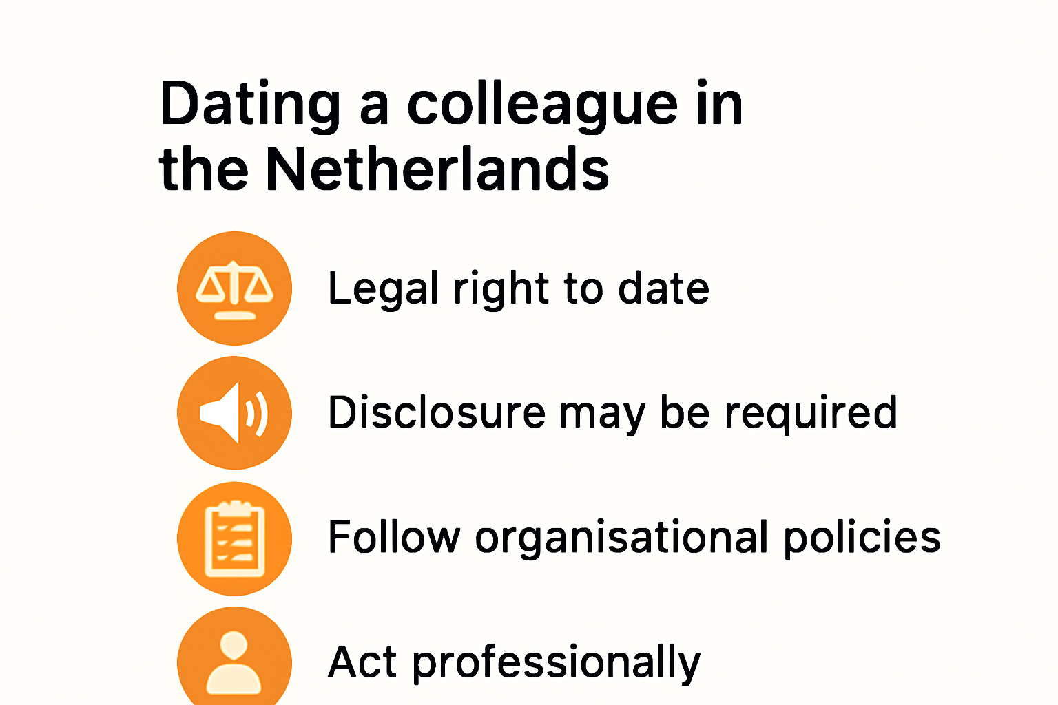 Infographic with do's and don'ts for dating a colleague in the Netherlands
