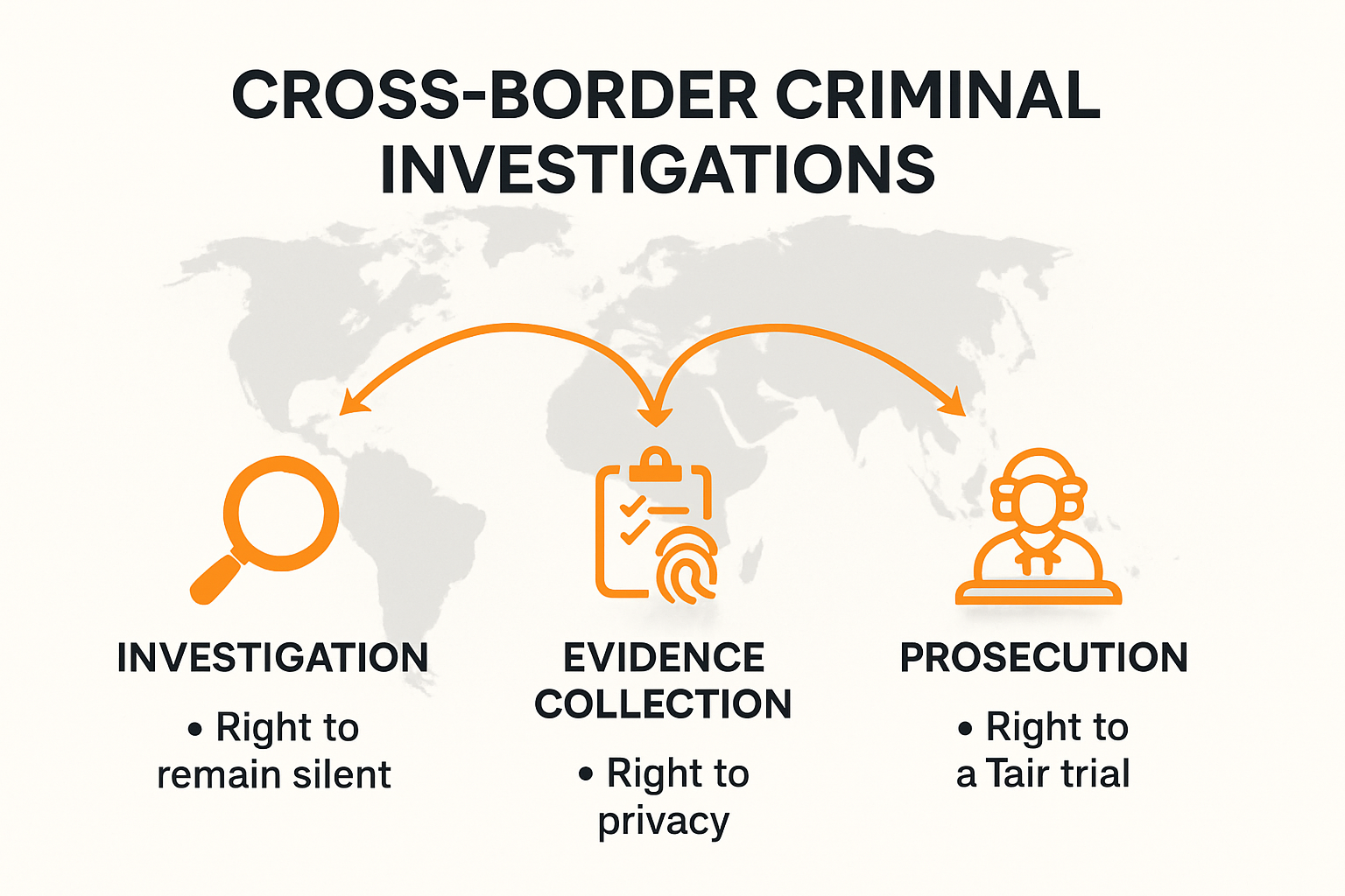Cross‑border investigation stages and rights infographic