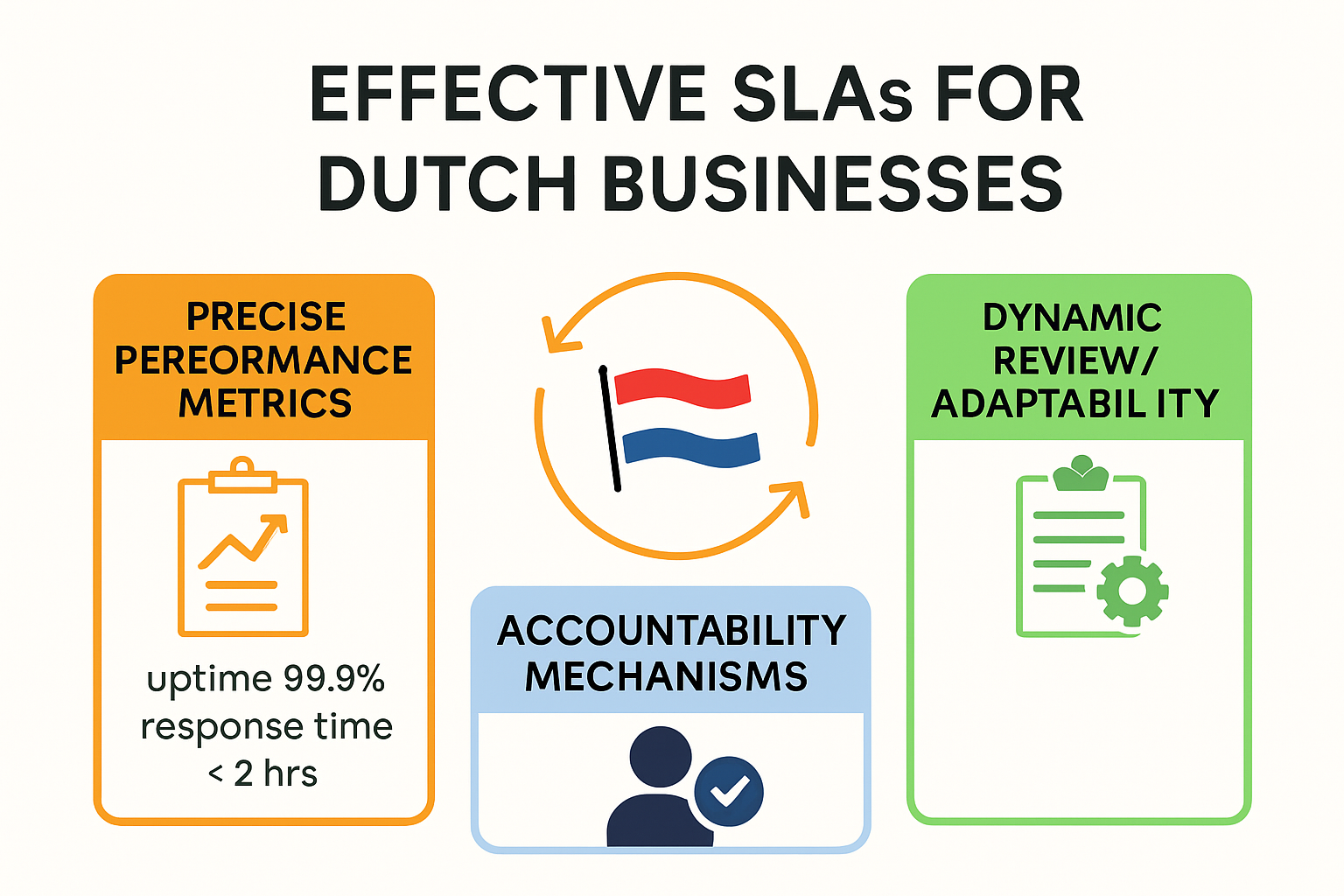 Infographic showing key SLA elements: metrics, accountability, adaptability