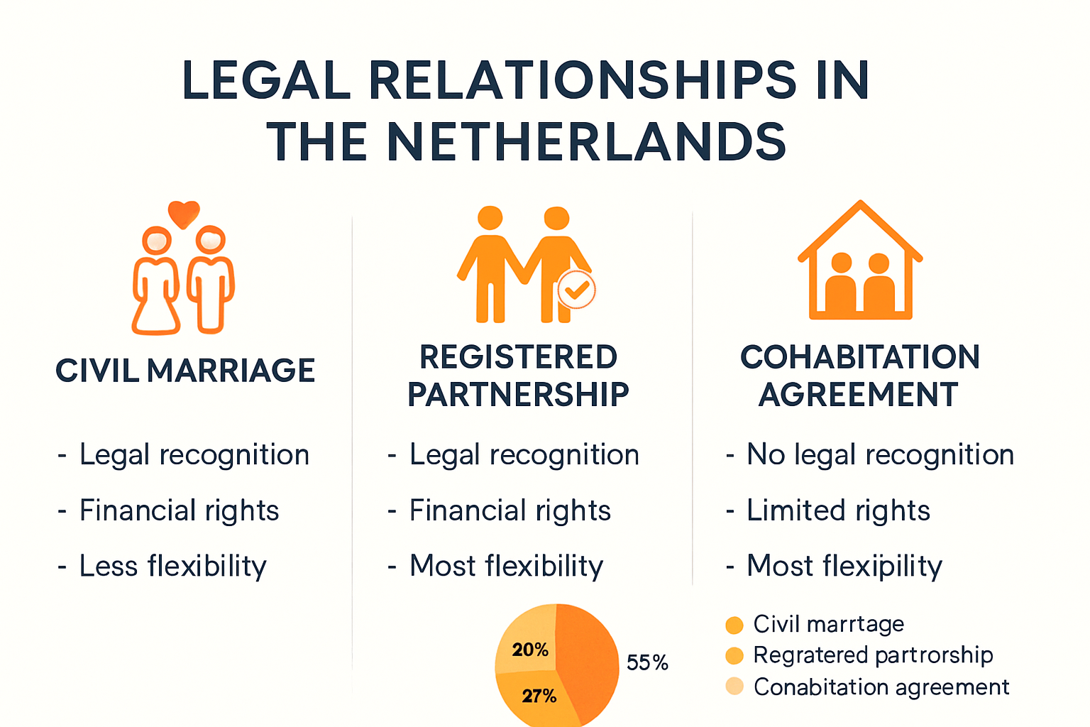 Understanding Love, Marriage, and Prenups in the Netherlands – Romantic or Ruthless? 3 Infographic comparing Dutch marriage, partnerships, cohabitation