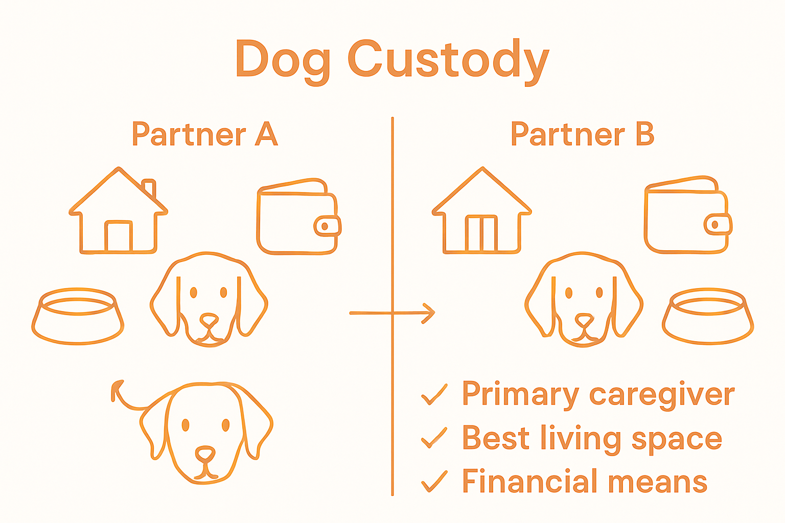 Infographic comparing main factors courts weigh in deciding pet custody after divorce