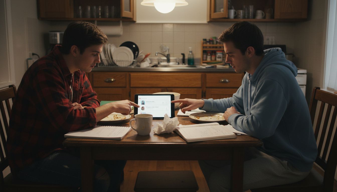 Friends using language app in kitchen