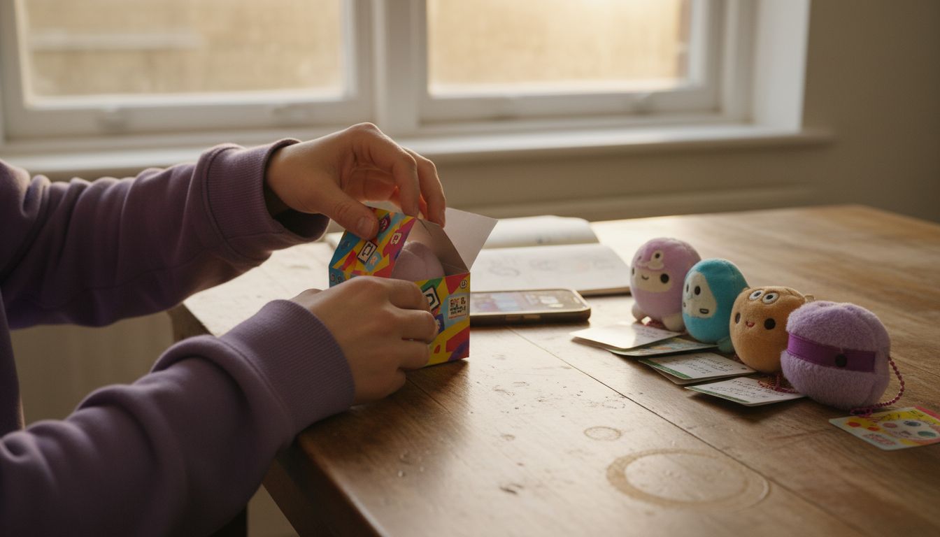 Hands opening plushie blind box at table