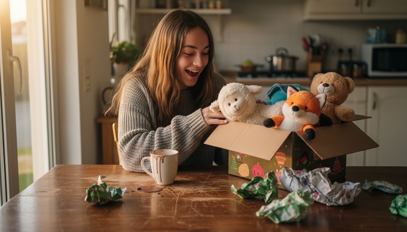 Chico adolescente desempaquetando una caja sorpresa de peluches