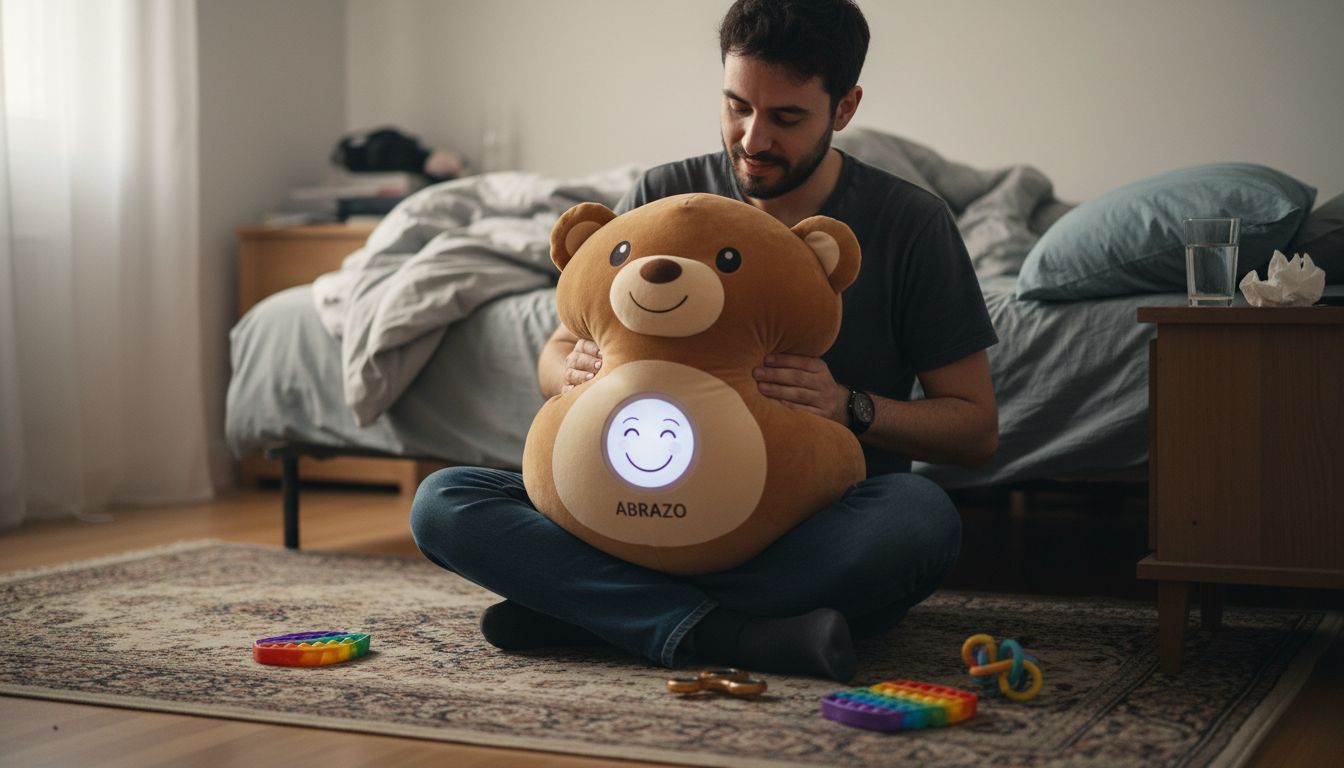 Un hombre recurre a un peluche para sentirse más tranquilo y aliviar el estrés.