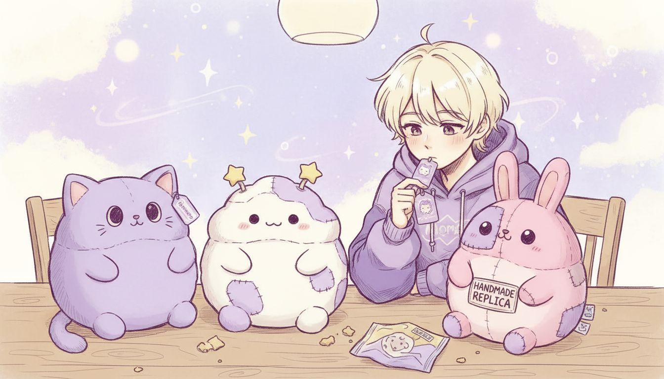 Teenager comparing three types of plush toys