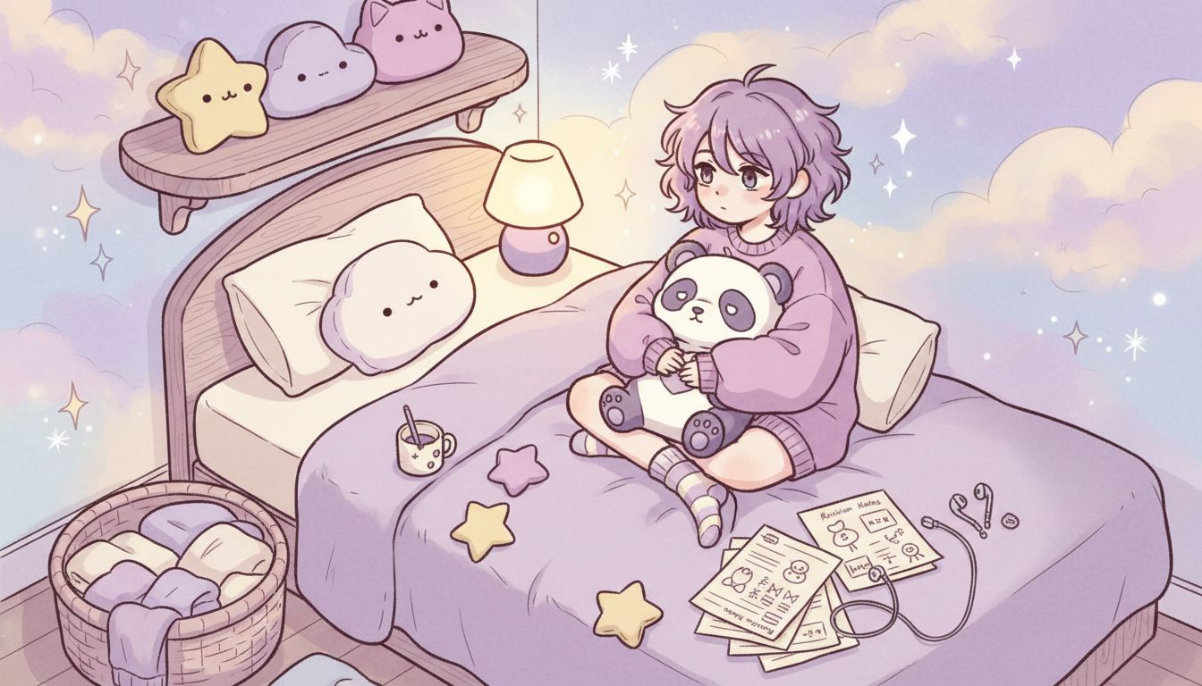 Teenager relaxing with plush collectibles