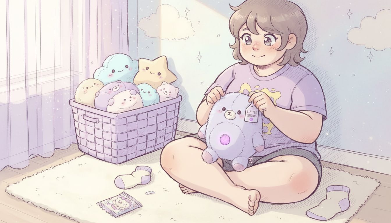 Teen holding plush and reading tag