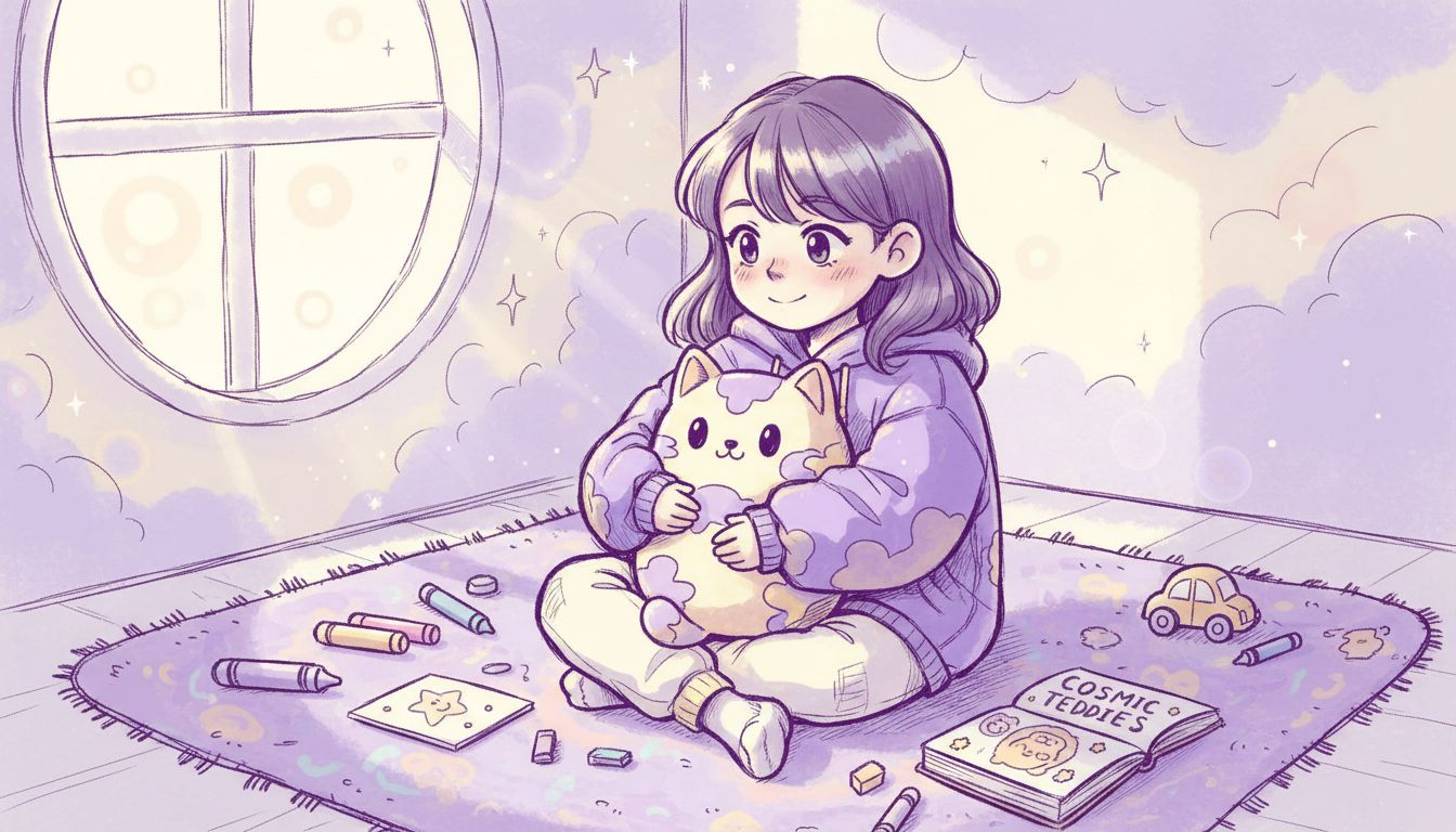 Girl sits calmly holding weighted plush