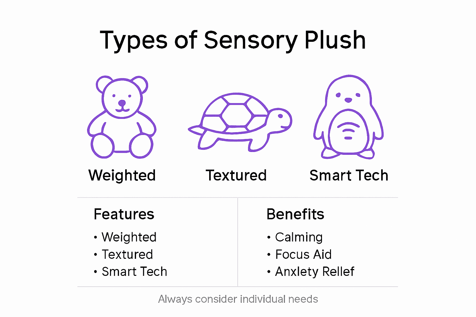 Infographic showing sensory plush types and benefits