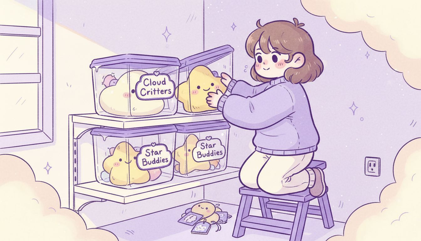 Collector uses labeled containers for plush