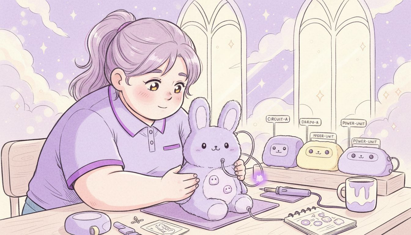 Technician inspecting plush toy technology