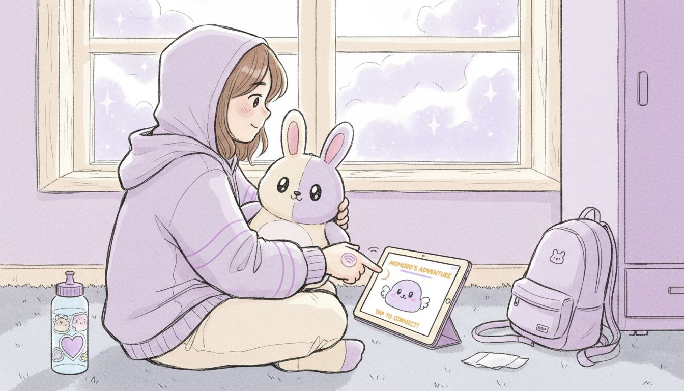 Teen interacting with tech plush toy and app