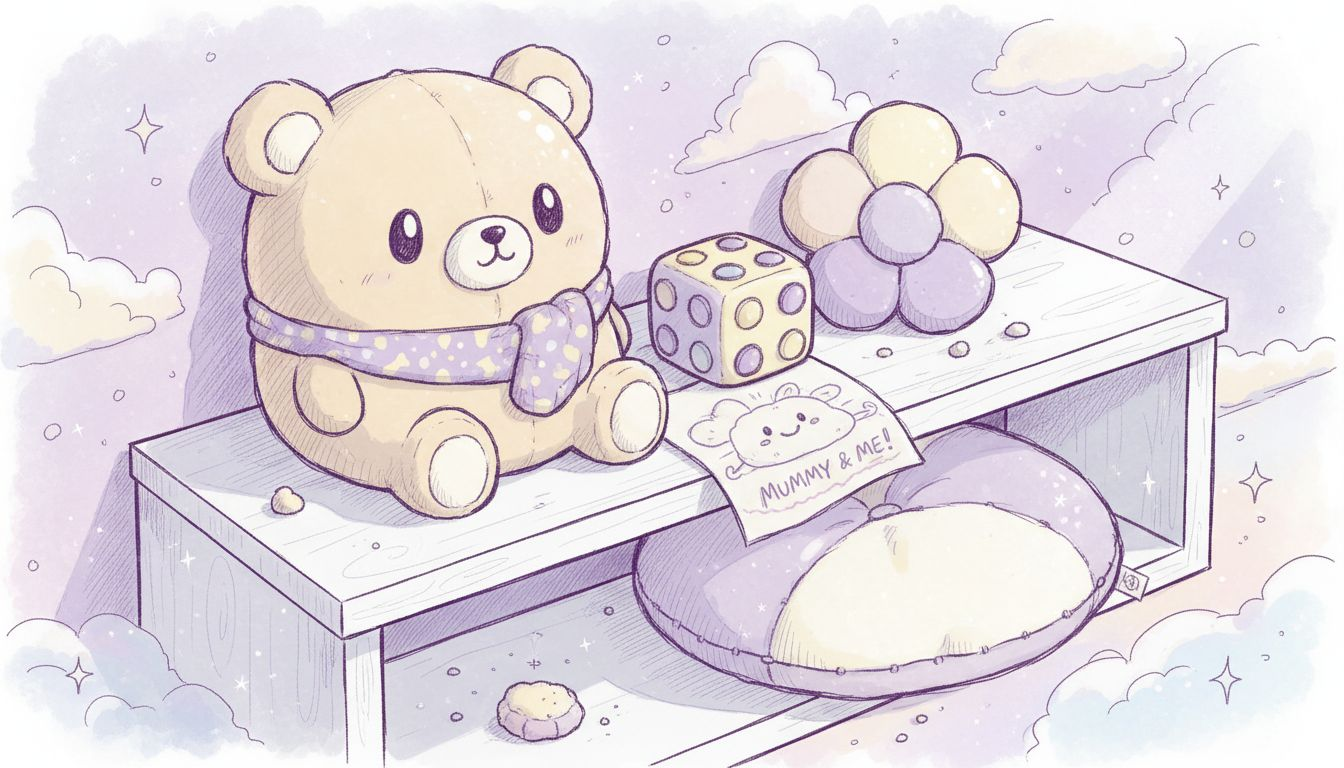 Sensory toys and plush closeup on low shelf