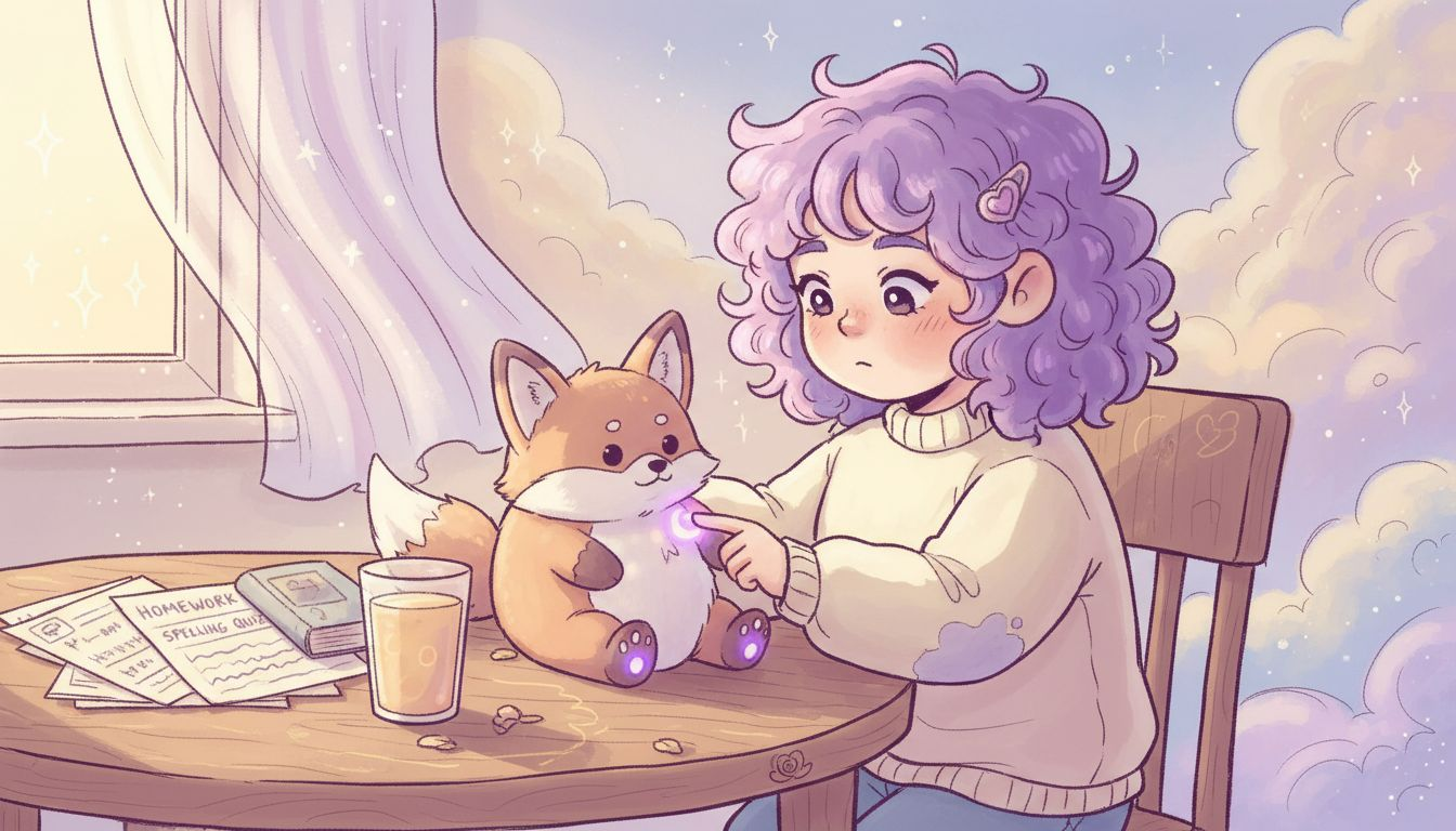 Girl using interactive plush at kitchen table