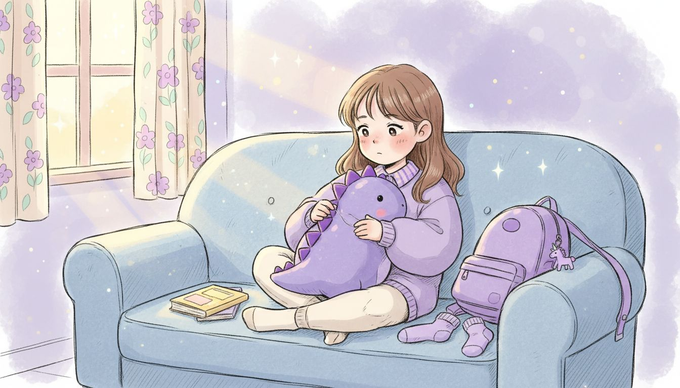 Girl calmly holding weighted plush dinosaur