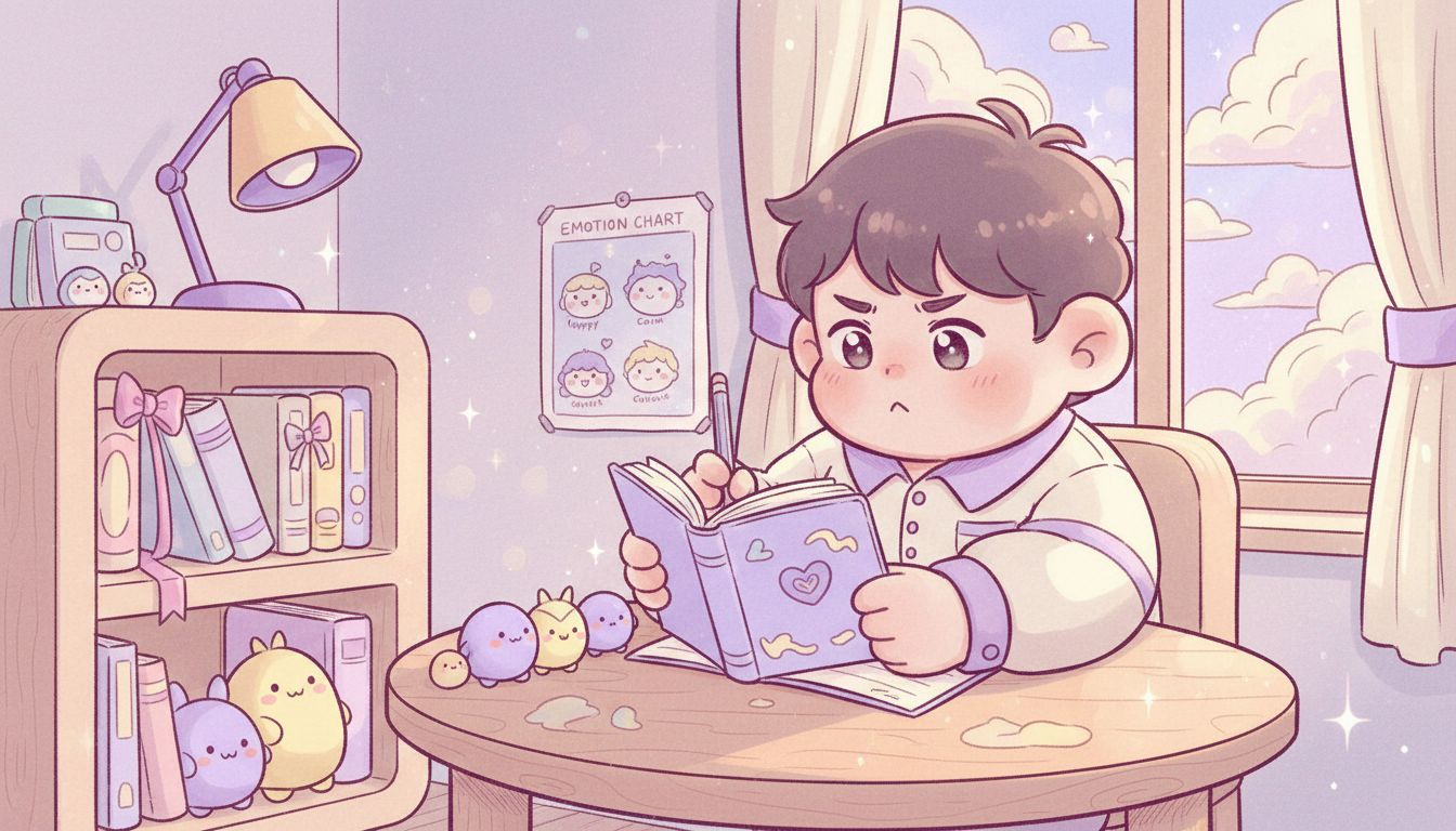 Child tracking emotions near plush toys