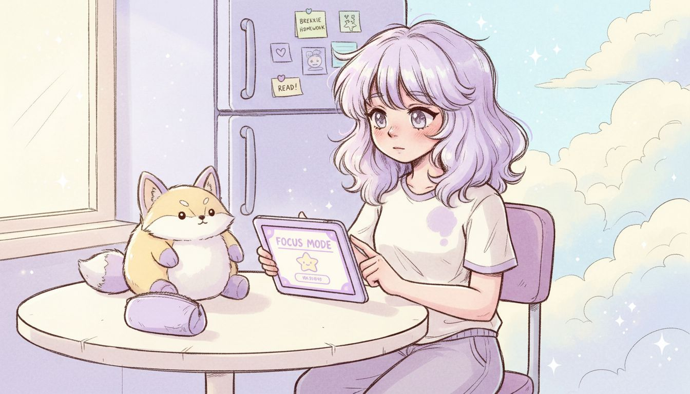 Girl using app with plush toy nearby