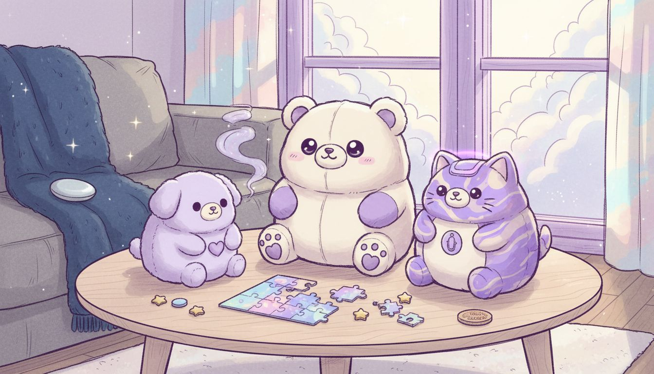 Different types of anxiety plushies displayed