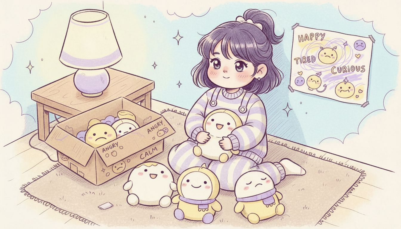 Girl sorting emotion plush toys at home