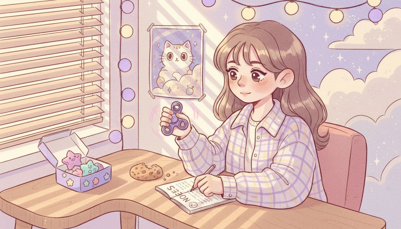 Woman using fidget toy at cozy desk