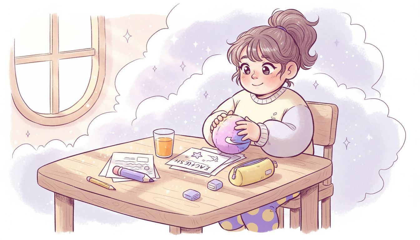 Girl with sensory toys at kitchen table