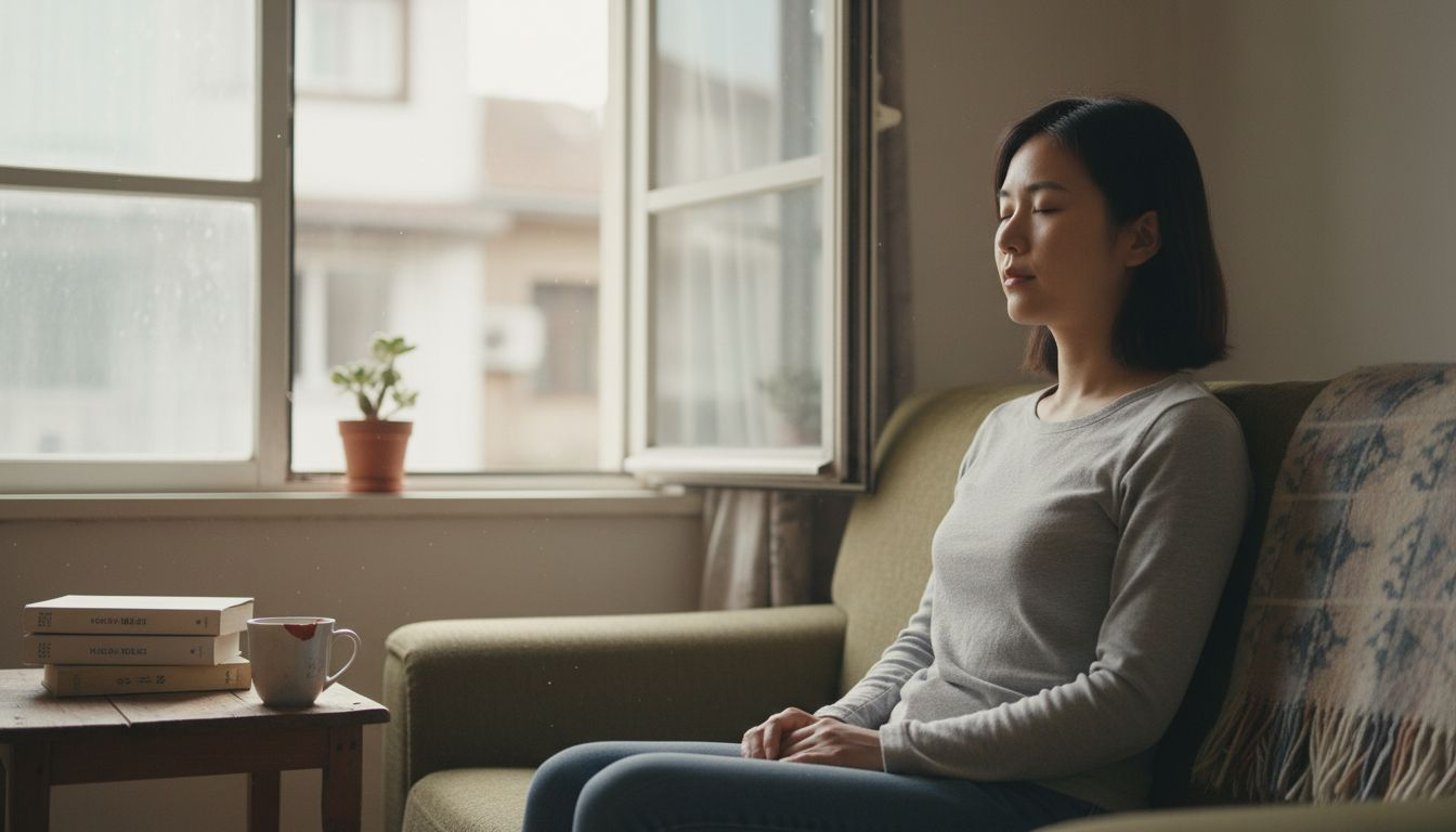 一位女性在家中静心自省,学习如何觉察和管理自己的情绪。
