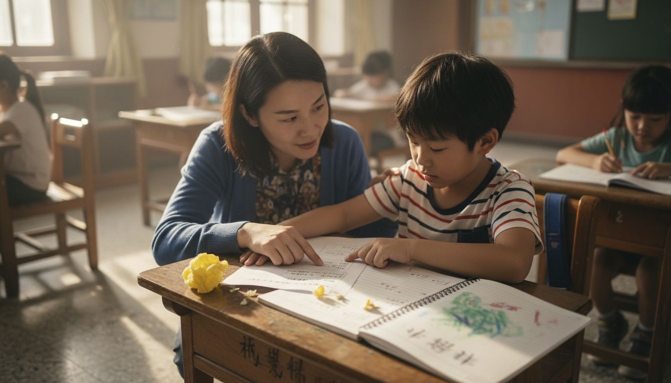 老师在课堂上耐心地引导和帮助有注意力缺陷多动症的学生,让他们能够更好地融入课堂学习。
