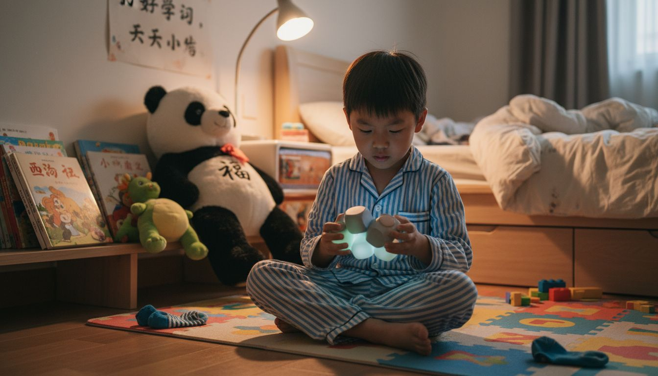 孩子抱着心爱的玩偶,静静地待在自己的房间里,仿佛有了小伙伴陪伴,内心也变得更加安定和温暖。