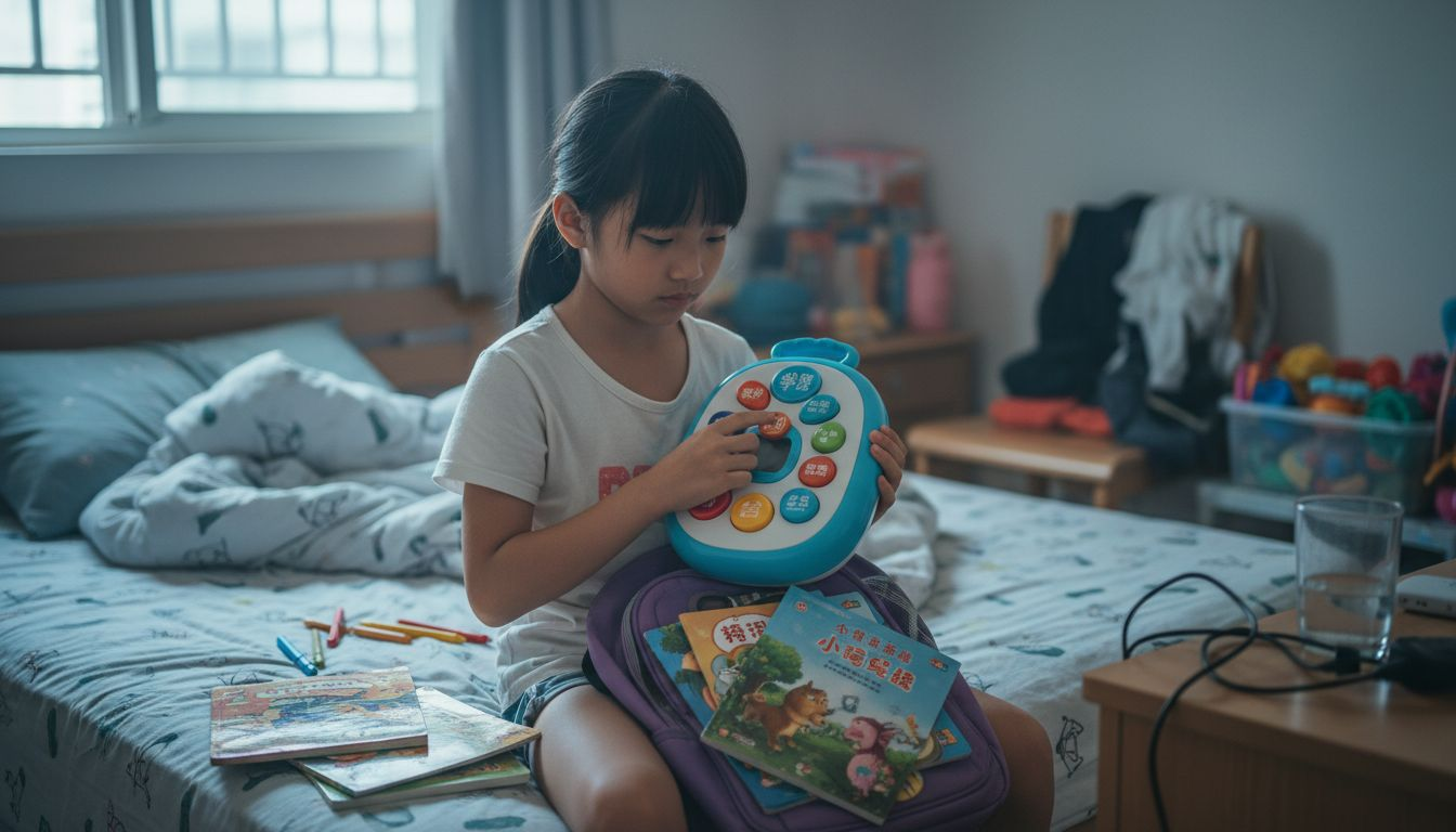 一个小女孩正在自己的卧室里玩感应式智能玩具,玩得不亦乐乎。