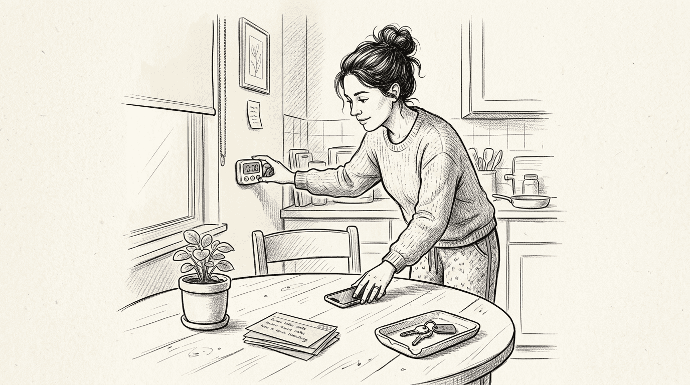 Woman creating distraction free workspace in kitchen