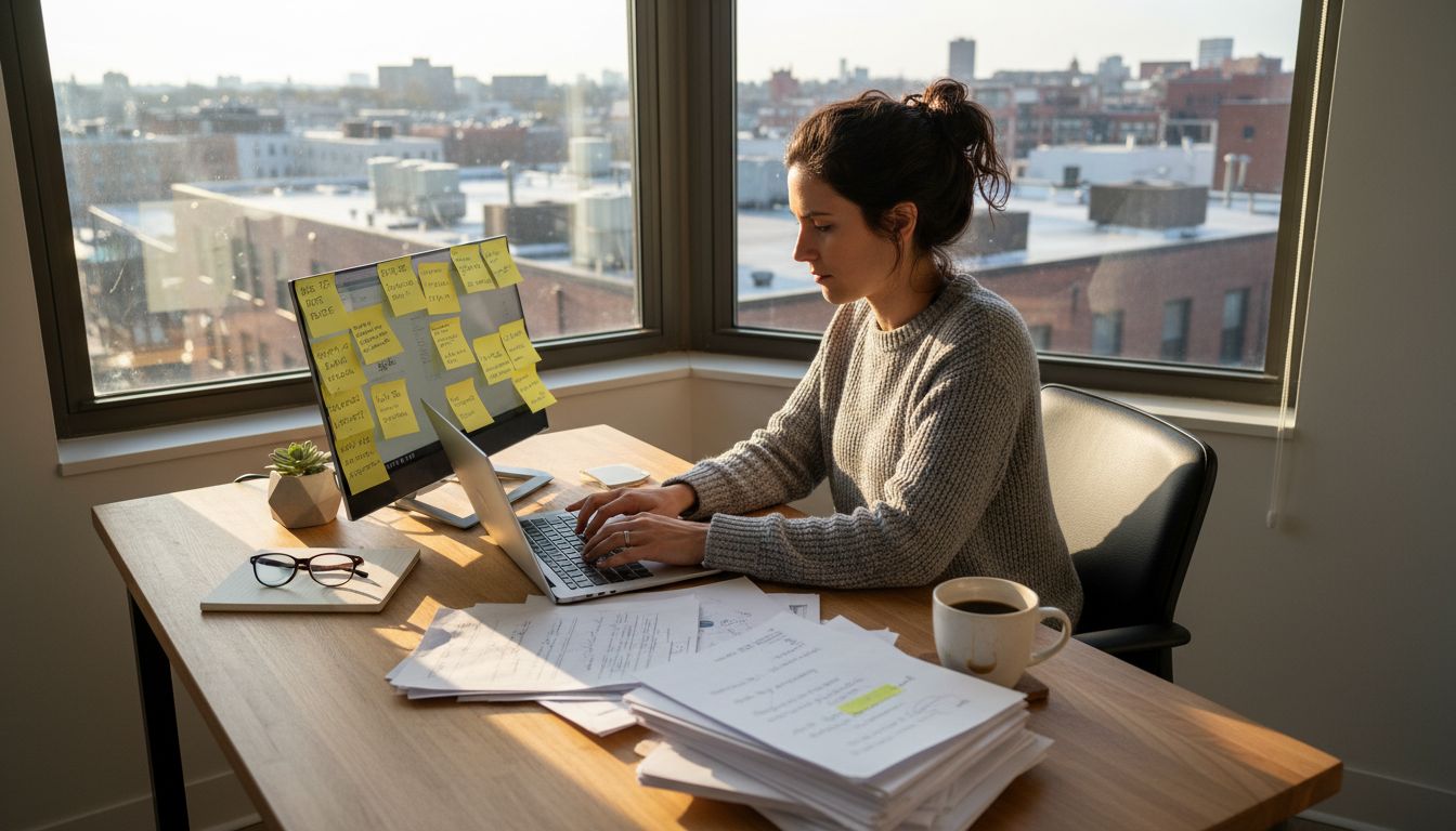 Writer creating SEO article in corner office