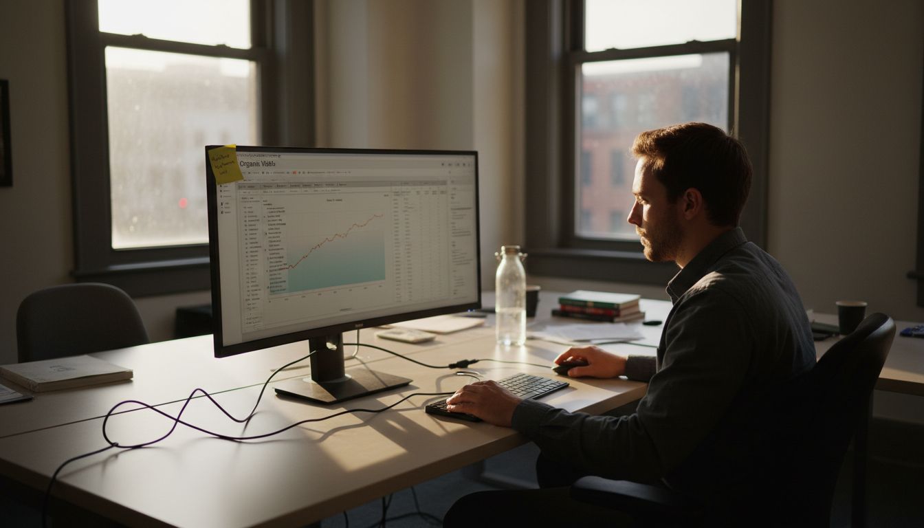 Analyst reviewing SEO metrics at desktop