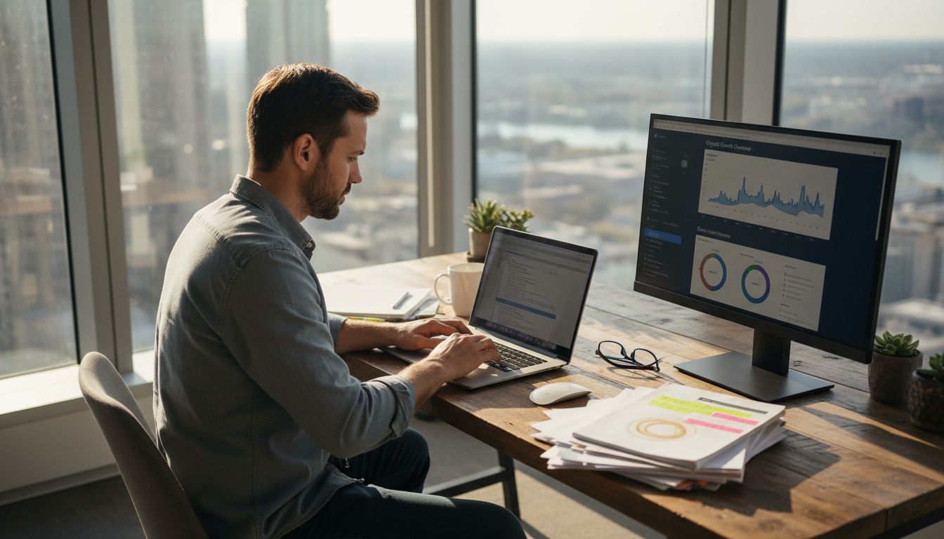 SEO strategist working at sunlit office desk