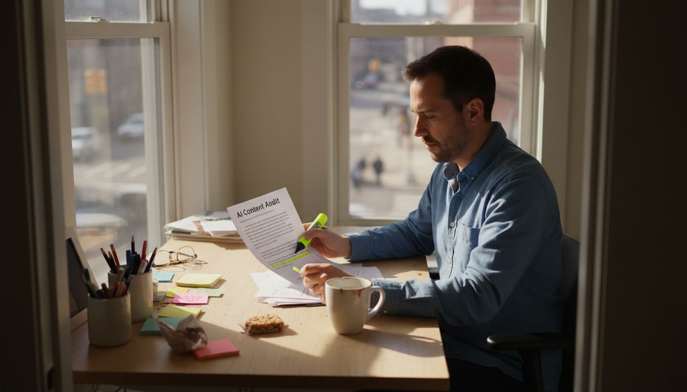 Content strategist reviewing AI SEO audit in office