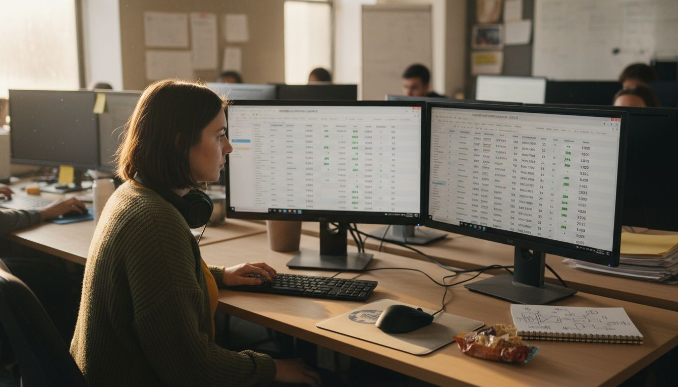 Search engine analyst compares data on monitors