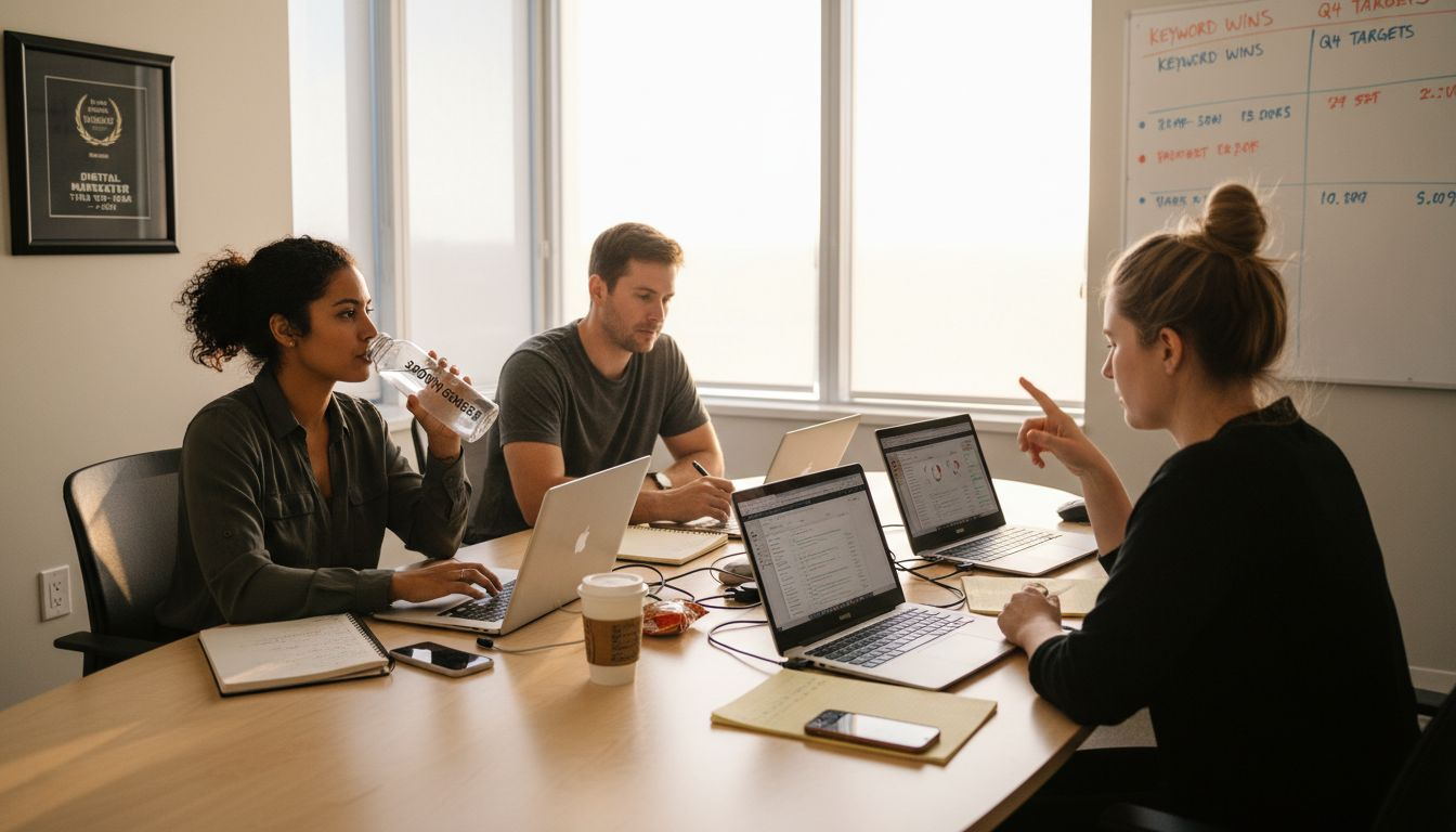 SEO agency team working in sunlit office