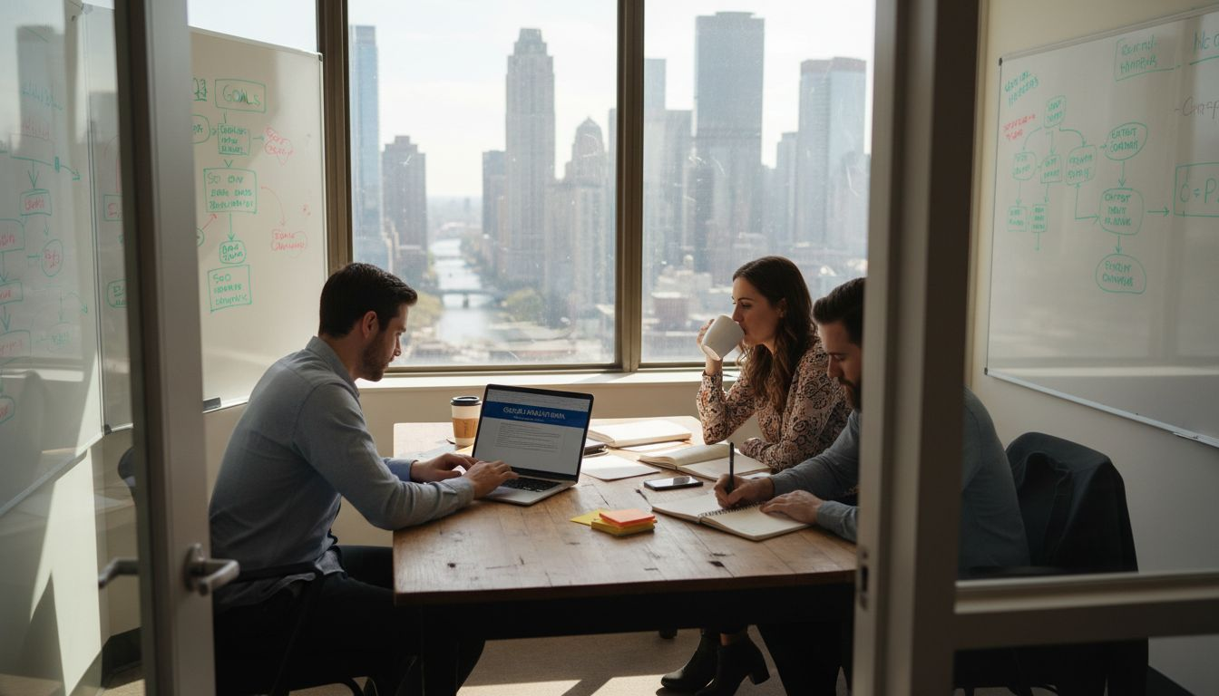 Team working on SEO in sunlit office