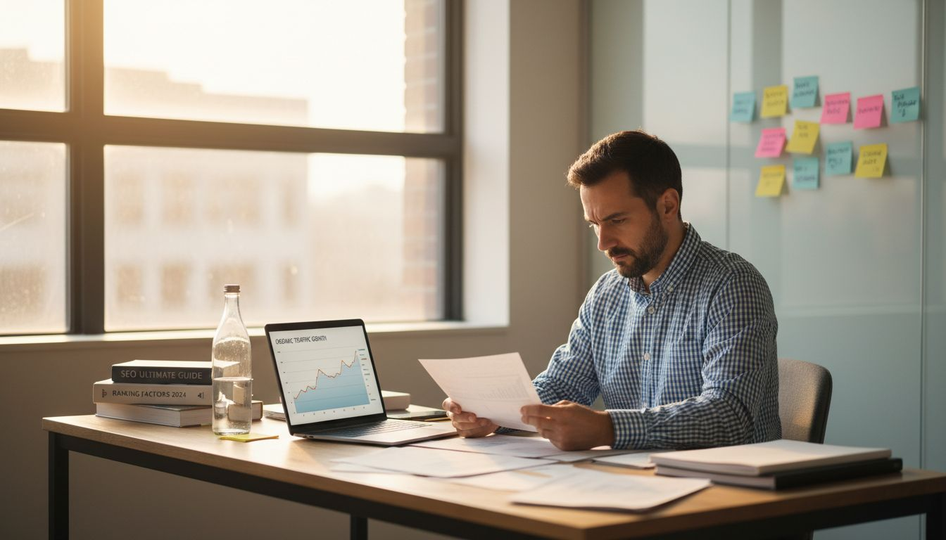 SEO strategist at desk with analytics reports