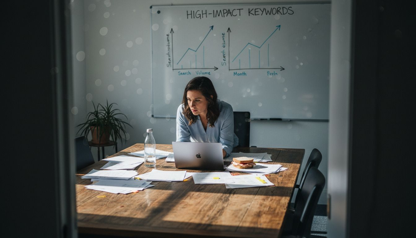 Marketer analyzing keyword research data