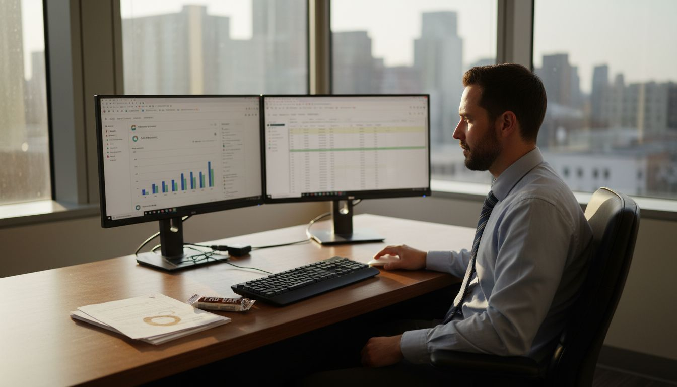 Digital marketer reviews SEO analytics in corner office