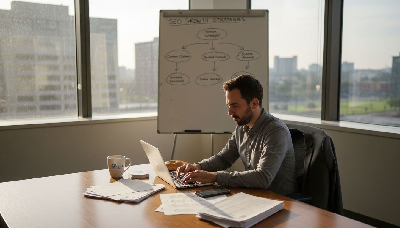 SEO specialist typing strategy in sunny corner office