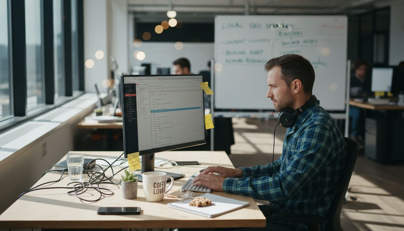 SEO specialist editing website at cluttered desk