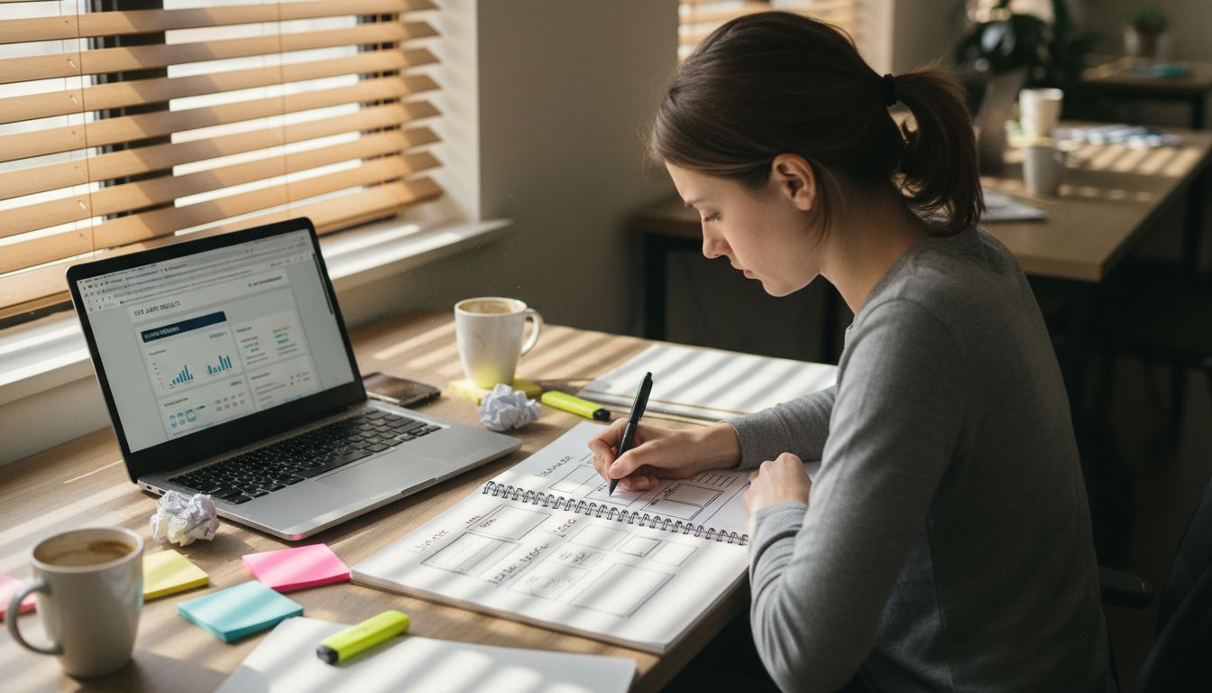 Woman sketching website structure at shared desk
