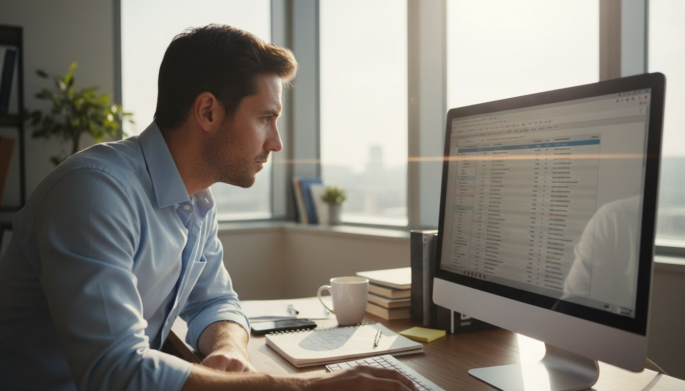 SEO strategist analyzing backlinks in corner office