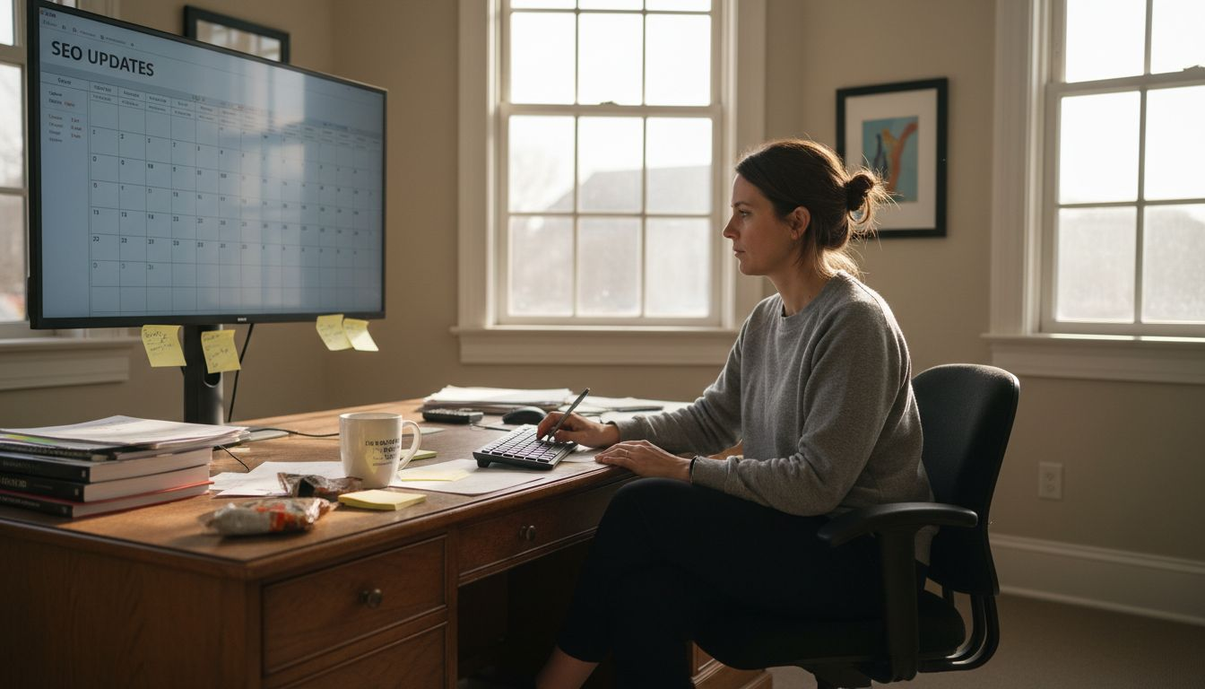 Strategist creating daily SEO articles in cluttered office