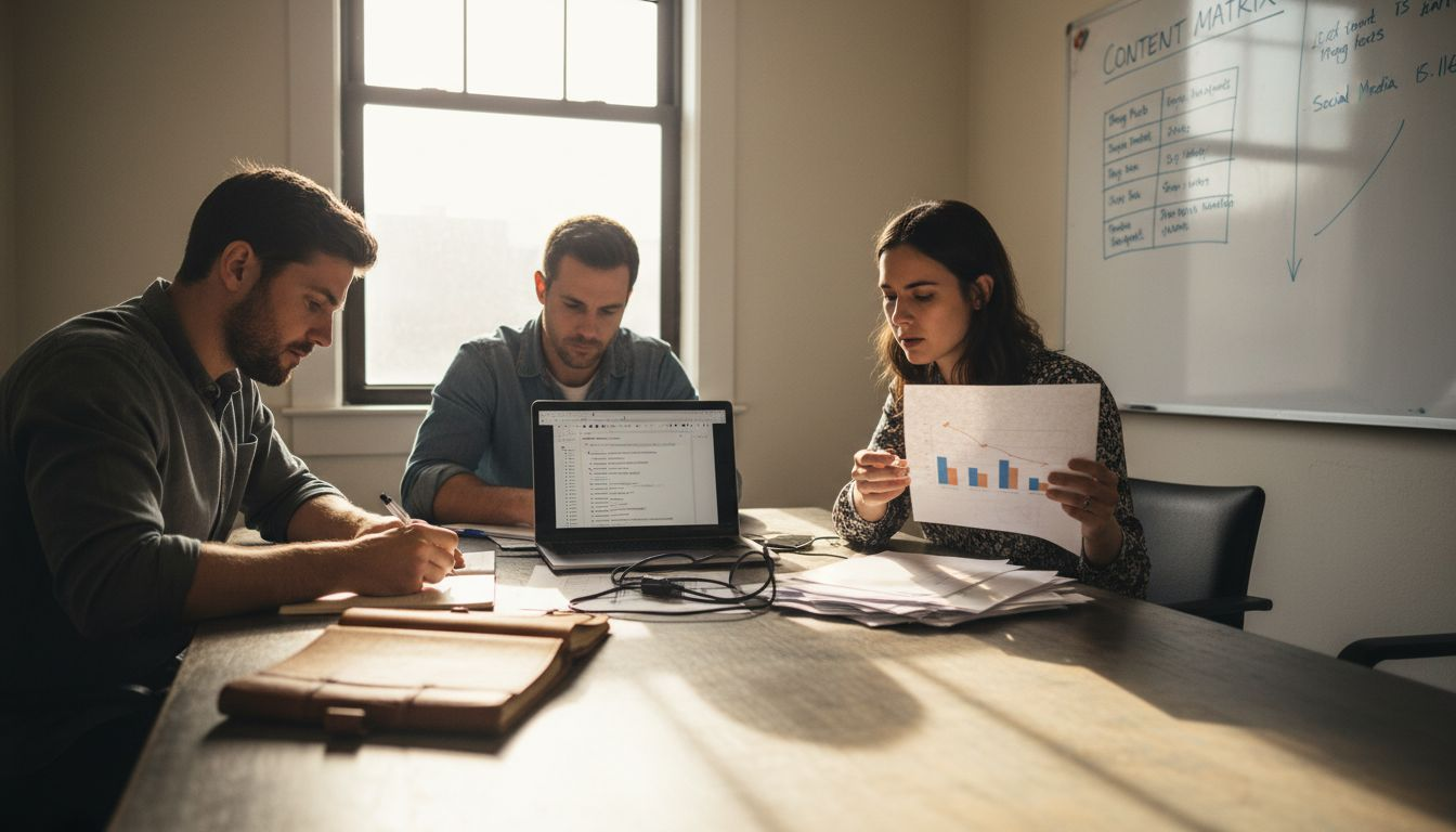 Team reviewing SEO content strategy materials