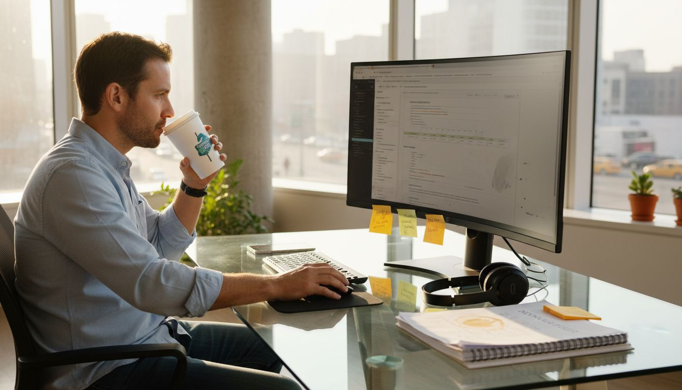 SEO specialist reviewing audit results at desk