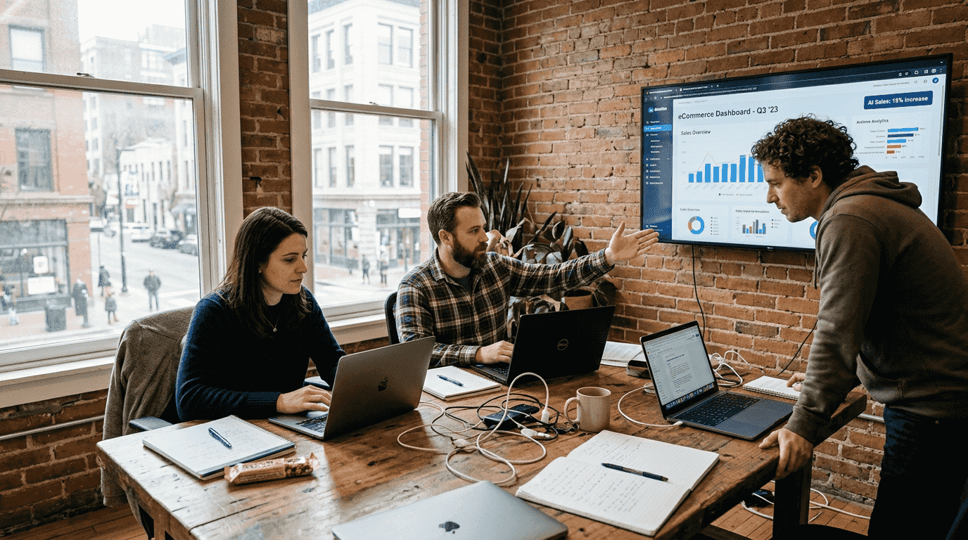 Ecommerce team collaborating with AI dashboard