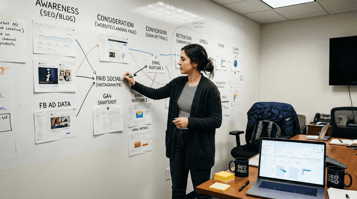 Marketer mapping customer journey on whiteboard